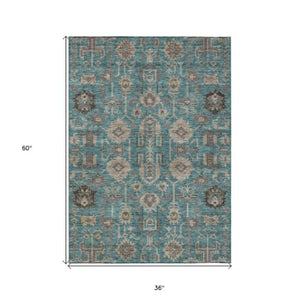 Homeroots 3' Stylish Artichoke Green Oriental Washable Area Rug For Indoor & Outdoor Use, Durable Design 3' X 5' Polyester 582134