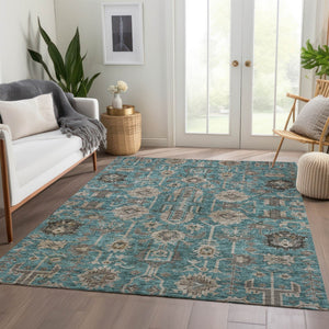 Homeroots 3' Stylish Artichoke Green Oriental Washable Area Rug For Indoor & Outdoor Use, Durable Design 3' X 5' Polyester 582134