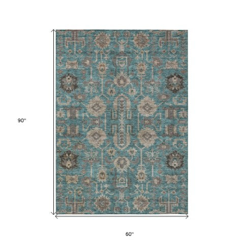 Homeroots 3' Stylish Artichoke Green Oriental Washable Area Rug For Indoor & Outdoor Use, Durable Design 5' X 8' Polyester 582135