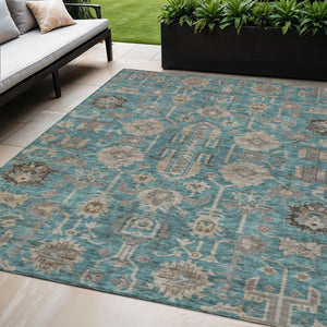 Homeroots 3' Stylish Artichoke Green Oriental Washable Area Rug For Indoor & Outdoor Use, Durable Design 5' X 8' Polyester 582135