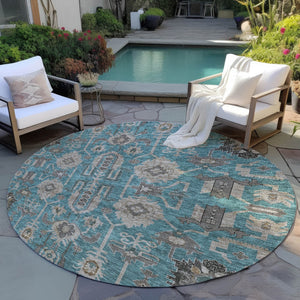 Homeroots 3' Stylish Artichoke Green Oriental Washable Area Rug For Indoor & Outdoor Use, Durable Design 8' Round Polyester 582136