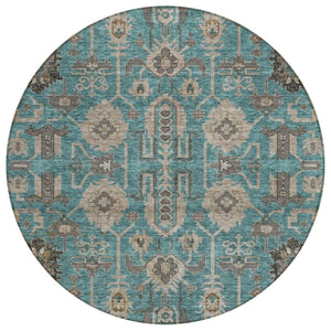 HomeRoots 5' Elegant Teal Blue Aqua and Beige Oriental Washable Area Rug for Indoor and Outdoor Spaces 8' Round 582136
