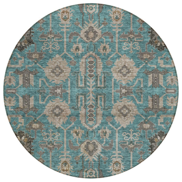 HomeRoots 5' Elegant Teal Blue Aqua and Beige Oriental Washable Area Rug for Indoor and Outdoor Spaces 8' Round 582136
