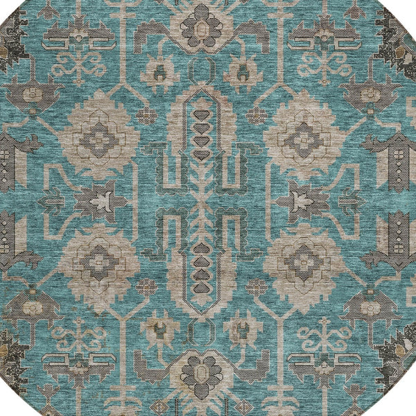 Homeroots 3' Stylish Artichoke Green Oriental Washable Area Rug For Indoor & Outdoor Use, Durable Design 8' Round Polyester 582136