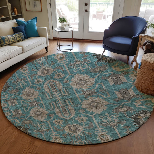 Homeroots 3' Stylish Artichoke Green Oriental Washable Area Rug For Indoor & Outdoor Use, Durable Design 8' Round Polyester 582136