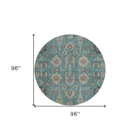 Homeroots 3' Stylish Artichoke Green Oriental Washable Area Rug For Indoor & Outdoor Use, Durable Design 8' Round Polyester 582136