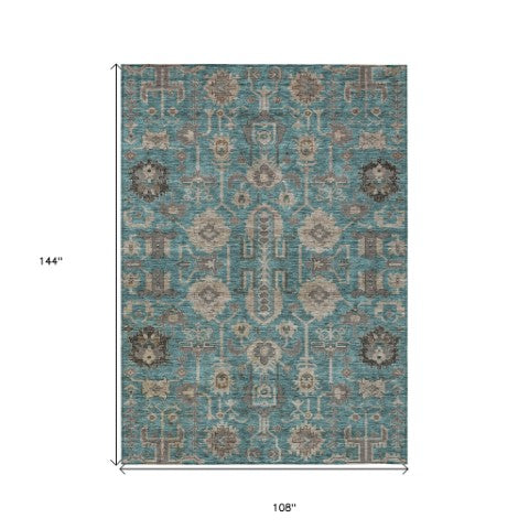 Homeroots 3' Stylish Artichoke Green Oriental Washable Area Rug For Indoor & Outdoor Use, Durable Design 9' X 12' Polyester 582138