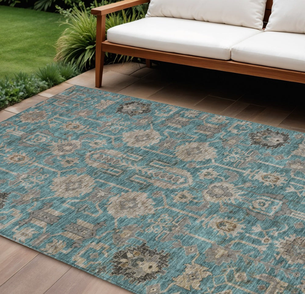 HomeRoots 9' Vibrant Teal Blue Aqua Beige Oriental Indoor Outdoor Washable Area Rug for Any Space Decor 9' X 12' 582138