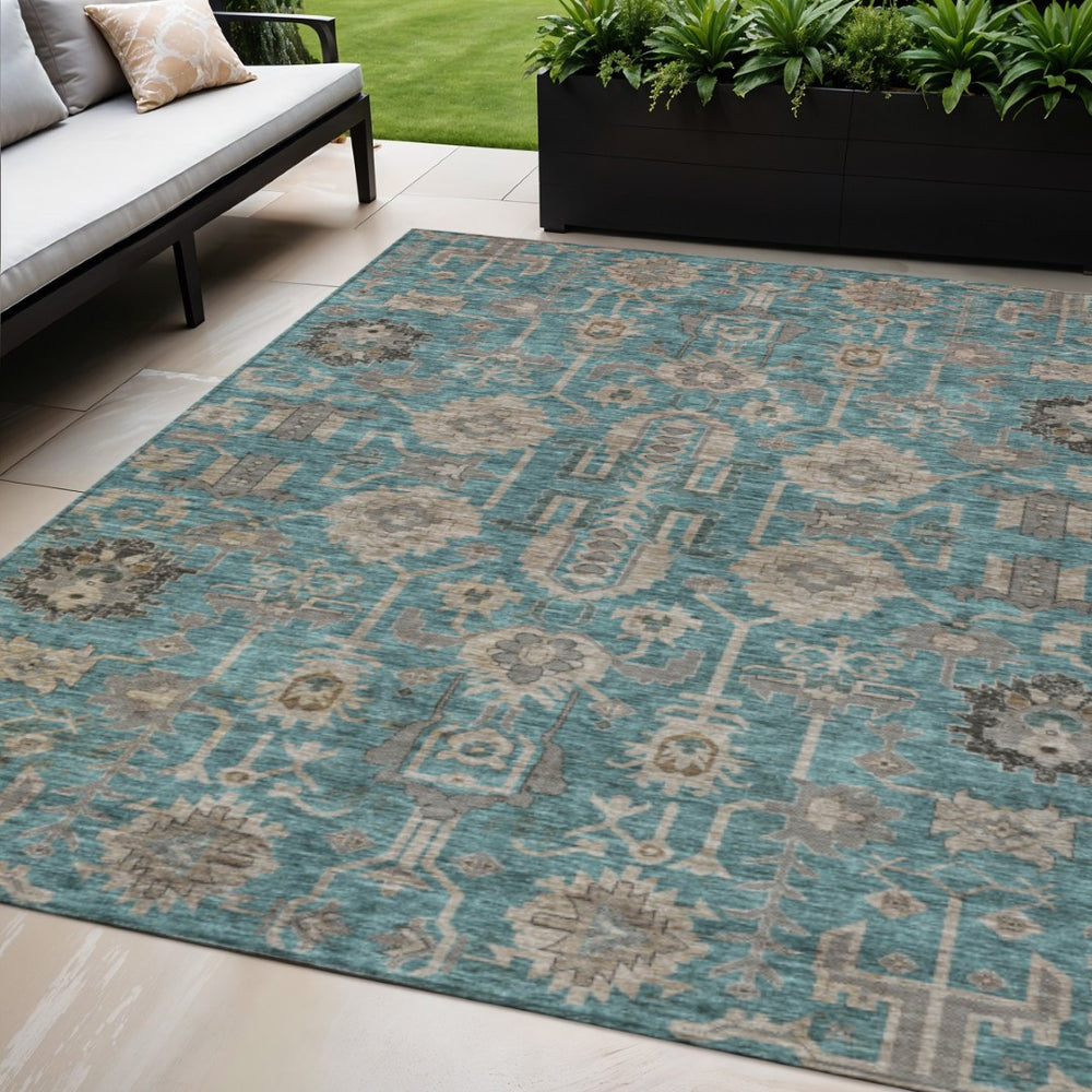 HomeRoots 5' Elegant Teal Blue Aqua and Beige Oriental Washable Area Rug for Indoor and Outdoor Spaces 10' X 14' 582139