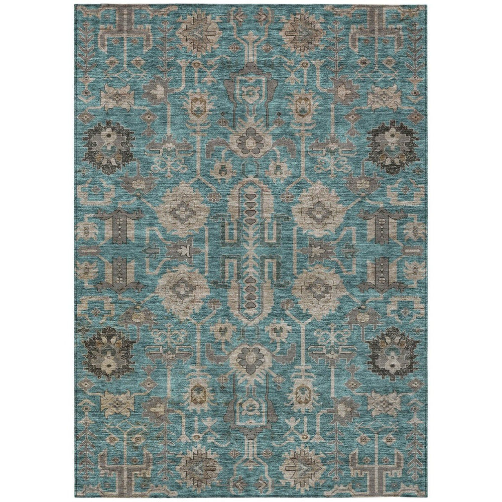 HomeRoots 5' Elegant Teal Blue Aqua and Beige Oriental Washable Area Rug for Indoor and Outdoor Spaces 10' X 14' 582139