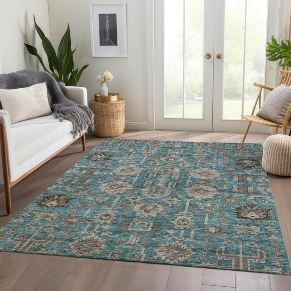 Homeroots 3' Stylish Artichoke Green Oriental Washable Area Rug For Indoor & Outdoor Use, Durable Design 10' X 14' Polyester 582139