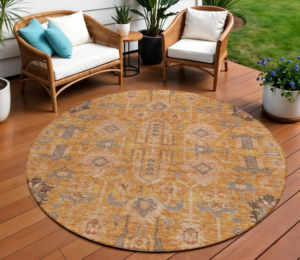 HomeRoots 5' Terra Cotta Beige Gray Oriental Area Rug - Durable, Washable, Indoor Outdoor Style for Any Space 8' Round 582142