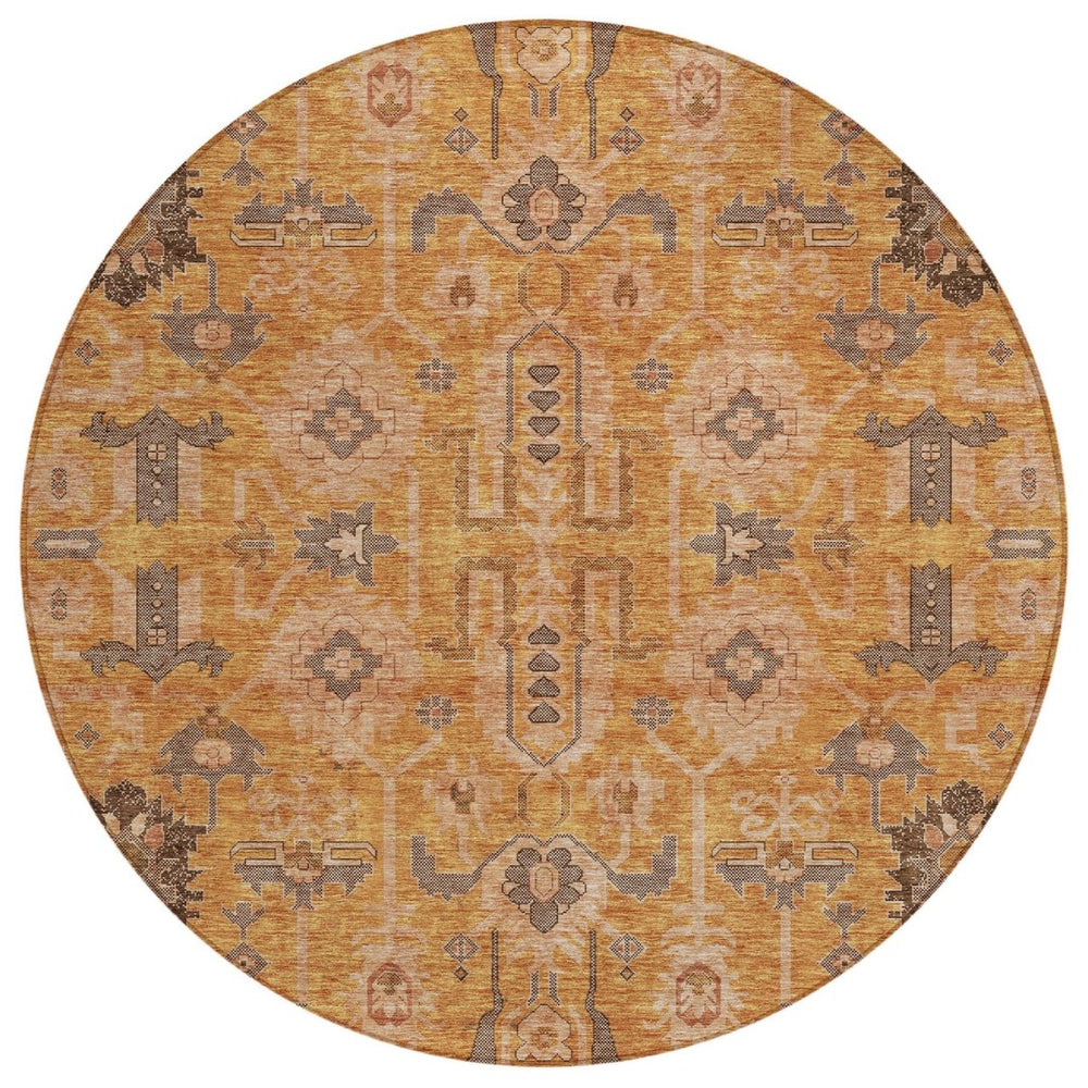 HomeRoots 5' Terra Cotta Beige Gray Oriental Area Rug - Durable, Washable, Indoor Outdoor Style for Any Space 8' Round 582142