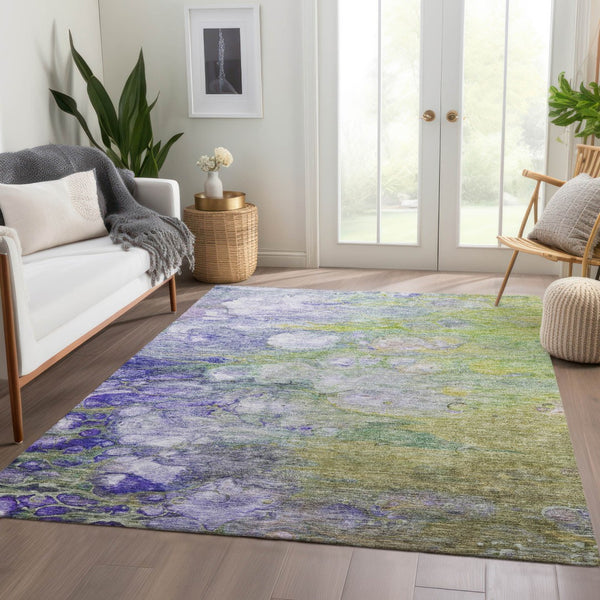 Homeroots 3' Abstract Washable Indoor Outdoor Area Rug In Artichoke Green, Purple & Lilac - Durable & Stylish 3' X 5' Polyester 582146