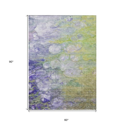 Homeroots 3' Abstract Washable Indoor Outdoor Area Rug In Artichoke Green, Purple & Lilac - Durable & Stylish 5' X 8' Polyester 582147
