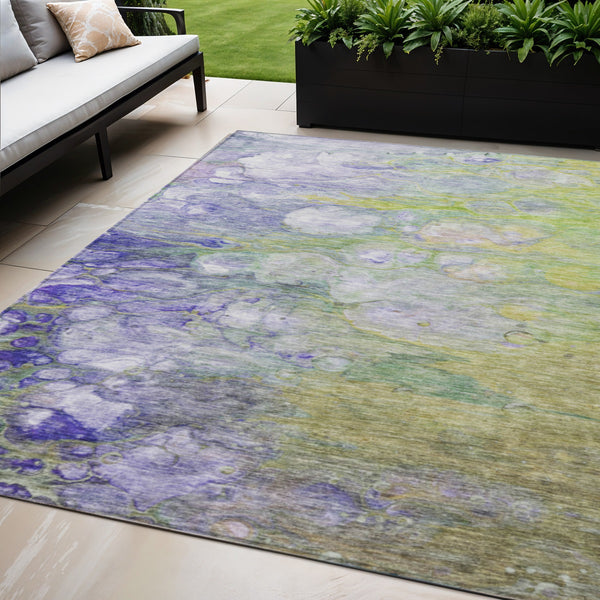 Homeroots 3' Abstract Washable Indoor Outdoor Area Rug In Artichoke Green, Purple & Lilac - Durable & Stylish 5' X 8' Polyester 582147