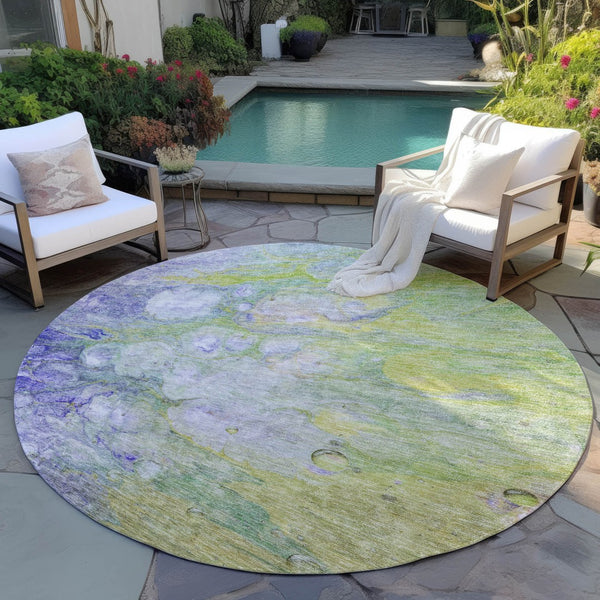 Homeroots 3' Abstract Washable Indoor Outdoor Area Rug In Artichoke Green, Purple & Lilac - Durable & Stylish 8' Round Polyester 582148