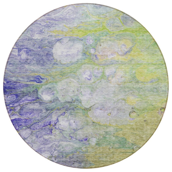 HomeRoots 5' Abstract Artichoke Green, Purple & Lilac Area Rug - Stylish, Washable, Indoor/Outdoor Durability 8' Round 582148