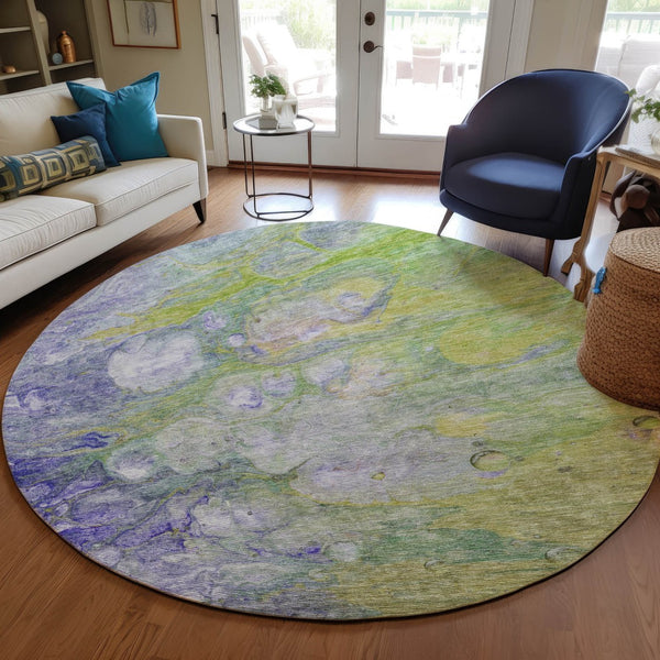 Homeroots 3' Abstract Washable Indoor Outdoor Area Rug In Artichoke Green, Purple & Lilac - Durable & Stylish 8' Round Polyester 582148