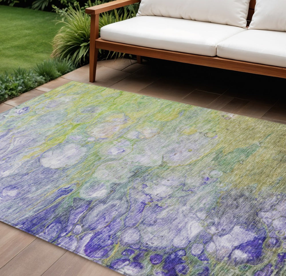 HomeRoots 9' Abstract Artichoke Green, Purple & Lilac Washable Area Rug for Indoor & Outdoor Durability 9' X 12' 582150