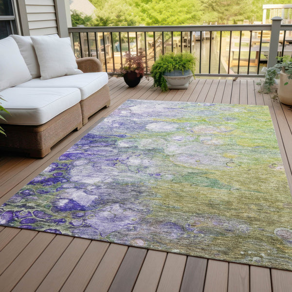 Homeroots 3' Abstract Washable Indoor Outdoor Area Rug In Artichoke Green, Purple & Lilac - Durable & Stylish 9' X 12' Polyester 582150