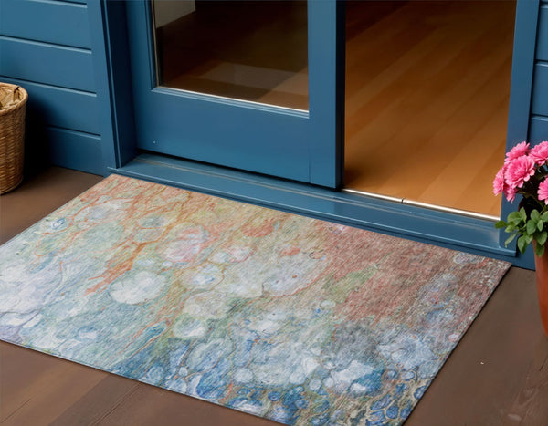 Homeroots 3' Abstract Washable Indoor Outdoor Area Rug In Artichoke Green, Purple & Lilac - Durable & Stylish 3' X 5' Polyester 582164