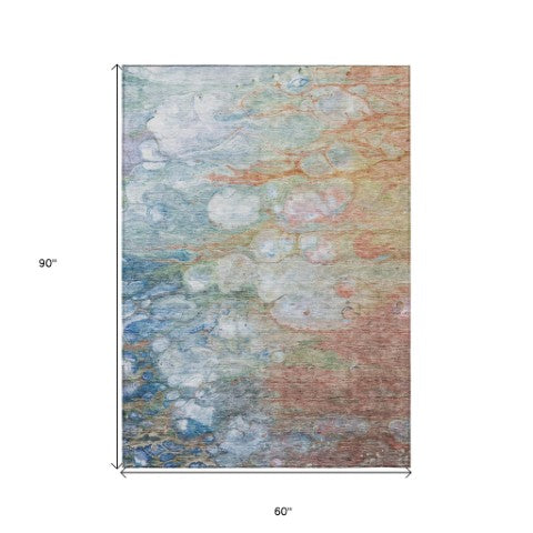 Homeroots 3' Abstract Washable Indoor Outdoor Area Rug In Artichoke Green, Purple & Lilac - Durable & Stylish 5' X 8' Polyester 582165