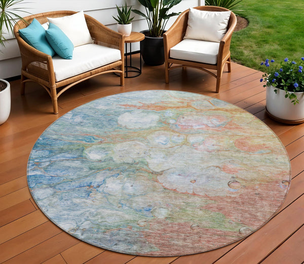 Homeroots 3' Abstract Washable Indoor Outdoor Area Rug In Artichoke Green, Purple & Lilac - Durable & Stylish 8' Round Polyester 582166