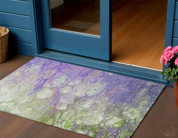 Homeroots 3' Abstract Washable Indoor Outdoor Area Rug In Artichoke Green, Purple & Lilac - Durable & Stylish 3' X 5' Polyester 582176