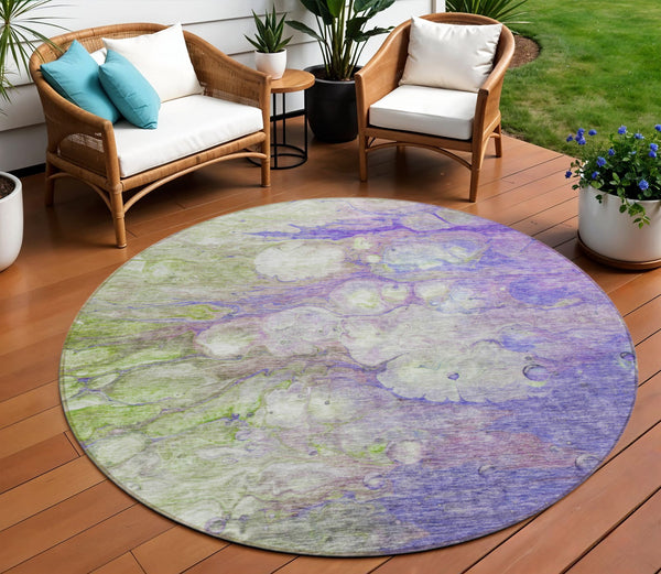 Homeroots 3' Abstract Washable Indoor Outdoor Area Rug In Artichoke Green, Purple & Lilac - Durable & Stylish 8' Round Polyester 582178