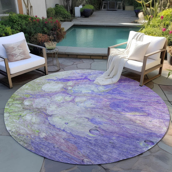 Homeroots 3' Abstract Washable Indoor Outdoor Area Rug In Artichoke Green, Purple & Lilac - Durable & Stylish 8' Round Polyester 582178