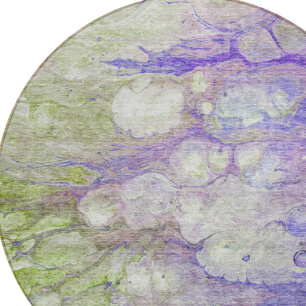 Homeroots 3' Abstract Washable Indoor Outdoor Area Rug In Artichoke Green, Purple & Lilac - Durable & Stylish 8' Round Polyester 582178