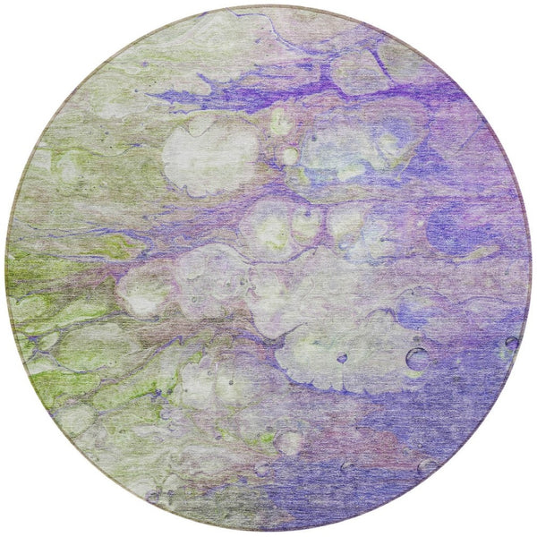 Homeroots 3' Abstract Washable Indoor Outdoor Area Rug In Artichoke Green, Purple & Lilac - Durable & Stylish 8' Round Polyester 582178
