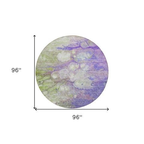 Homeroots 3' Abstract Washable Indoor Outdoor Area Rug In Artichoke Green, Purple & Lilac - Durable & Stylish 8' Round Polyester 582178