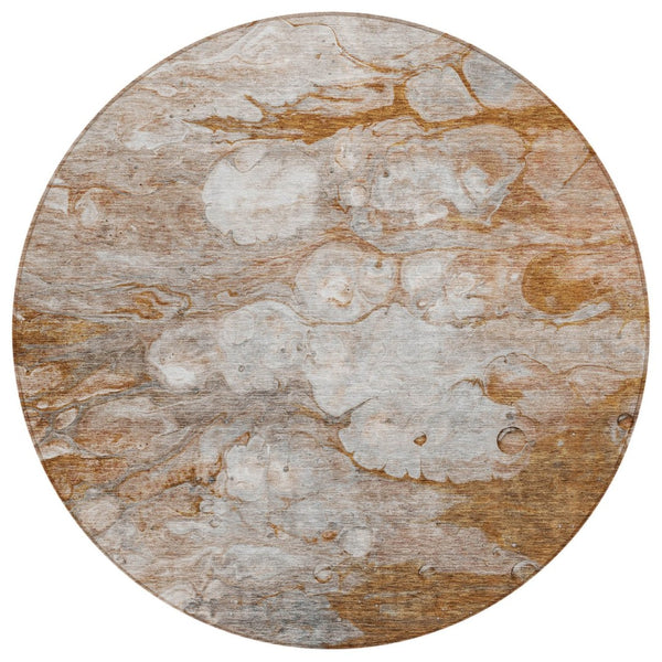 HomeRoots 5' Terra Cotta Gray and Silver Abstract Area Rug - Stylish, Washable, Indoor/Outdoor Durability 8' Round 582184