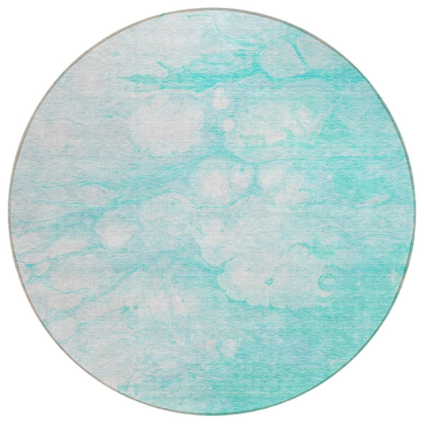 HomeRoots 5' Aqua Ivory Teal Blue Abstract Area Rug - Durable, Washable Design for Indoor & Outdoor Spaces 8' Round 582196