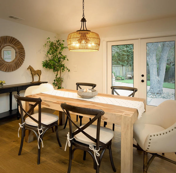 English Elm Large Farmhouse 5-Light Rattan Chandelier with Wicker Shades, 18" Boho Coastal Pendant for Dining Room W2738P185435