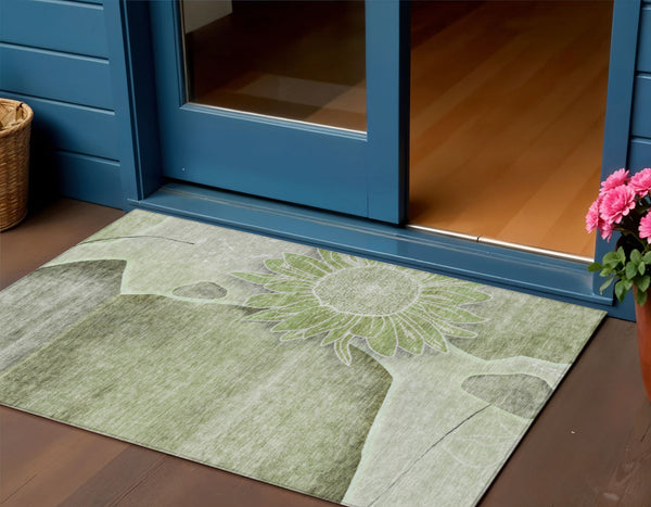Homeroots 3' Artichoke Green Floral Washable Area Rug For Indoor And Outdoor Spaces - Stylish & Durable 3' X 5' Polyester 582230