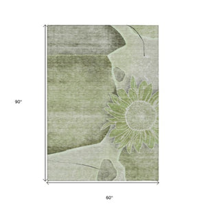 Homeroots 3' Artichoke Green Floral Washable Area Rug For Indoor And Outdoor Spaces - Stylish & Durable 5' X 8' Polyester 582231