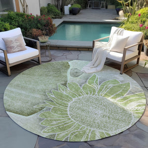 Homeroots 3' Artichoke Green Floral Washable Area Rug For Indoor And Outdoor Spaces - Stylish & Durable 8' Round Polyester 582232