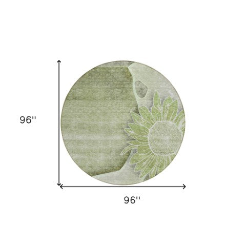 Homeroots 3' Artichoke Green Floral Washable Area Rug For Indoor And Outdoor Spaces - Stylish & Durable 8' Round Polyester 582232