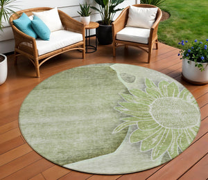 Homeroots 3' Artichoke Green Floral Washable Area Rug For Indoor And Outdoor Spaces - Stylish & Durable 8' Round Polyester 582232