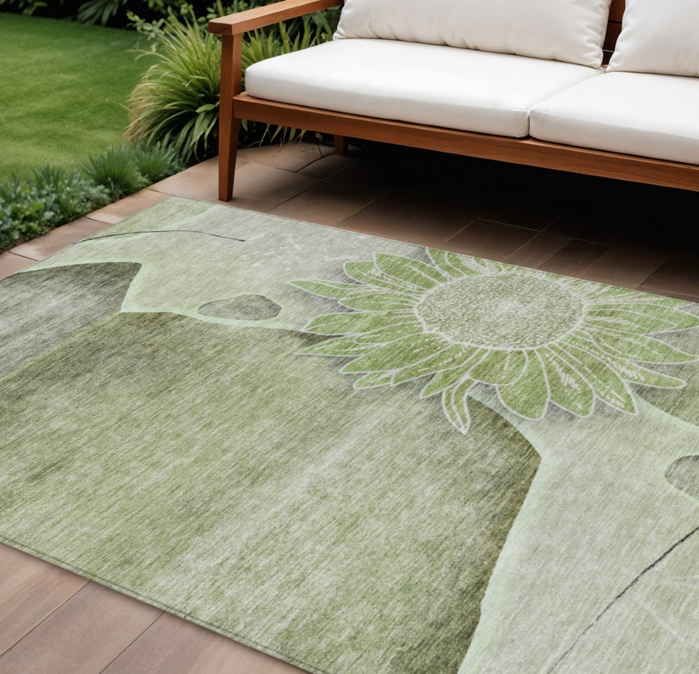 HomeRoots 9' Artichoke Green and Gray Floral Area Rug - Washable, Durable Design for Indoor or Outdoor Spaces 9' X 12' 582234
