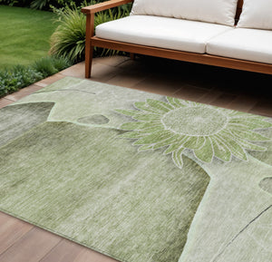 Homeroots 3' Artichoke Green Floral Washable Area Rug For Indoor And Outdoor Spaces - Stylish & Durable 10' X 14' Polyester 582235