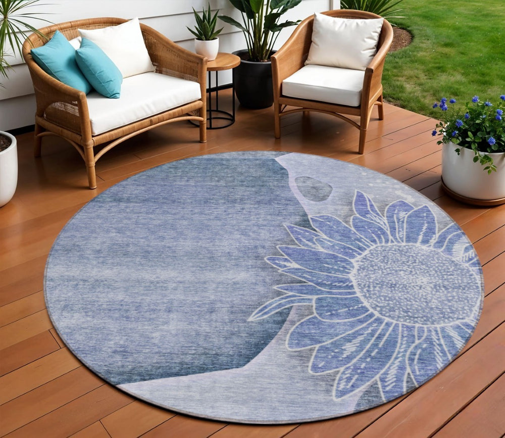 HomeRoots 5' Sky Blue and Indigo Floral Area Rug - Durable, Washable, Perfect for Indoor and Outdoor Spaces 8' Round 582244