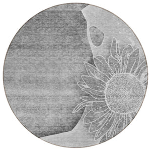 HomeRoots 5' Stylish Floral Washable Area Rug in Gray, Silver, and Charcoal for Indoor and Outdoor Use 8' Round 582250