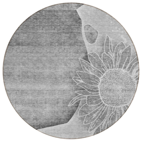 HomeRoots 5' Stylish Floral Washable Area Rug in Gray, Silver, and Charcoal for Indoor and Outdoor Use 8' Round 582250