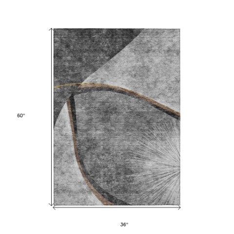 Homeroots 3' Gray Chocolate And Silver Abstract Washable Area Rug For Indoor And Outdoor Spaces, Stylish Decor 3' X 5' Polyester 582254