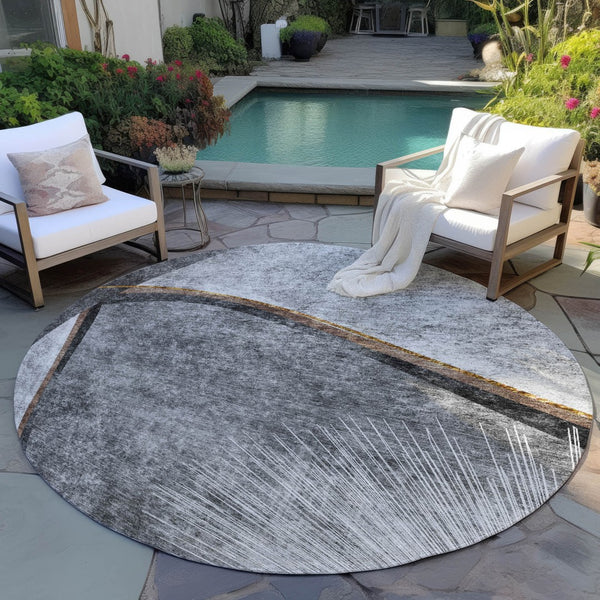 Homeroots 3' Gray Chocolate And Silver Abstract Washable Area Rug For Indoor And Outdoor Spaces, Stylish Decor 8' Round Polyester 582256