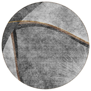 HomeRoots 5' Modern Abstract Washable Area Rug in Gray and Chocolate for Indoor and Outdoor Spaces 8' Round 582256